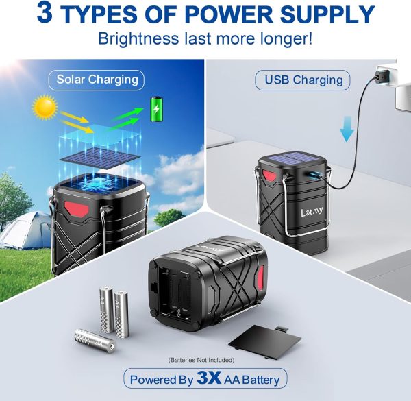 LETMY 4 Pack Camping Lantern, Rechargeable LED Lanterns, Solar Lantern Battery Powered Hurricane Lanterns Flashlight with 3 Powered Ways & USB Cable for Emergency, Power Outage, Hurricane Supplies - Image 2
